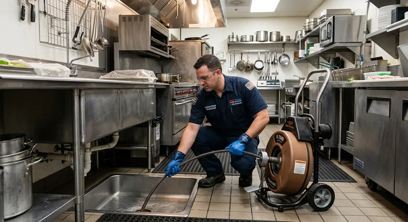 Commercial drain cleaning service in a restaurant kitchen in Bountiful