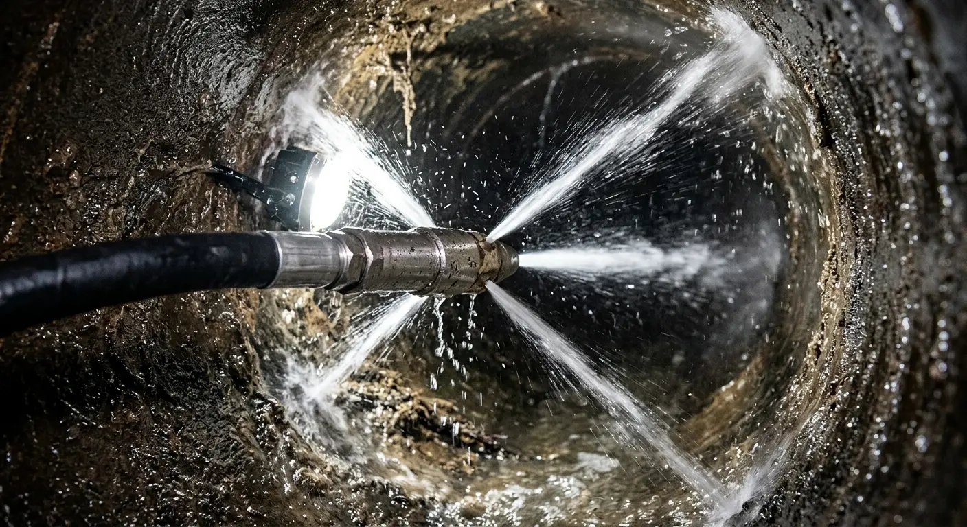 High-pressure hydro jetting nozzle cleaning sewer pipe for Emergency Drain Service in Bountiful