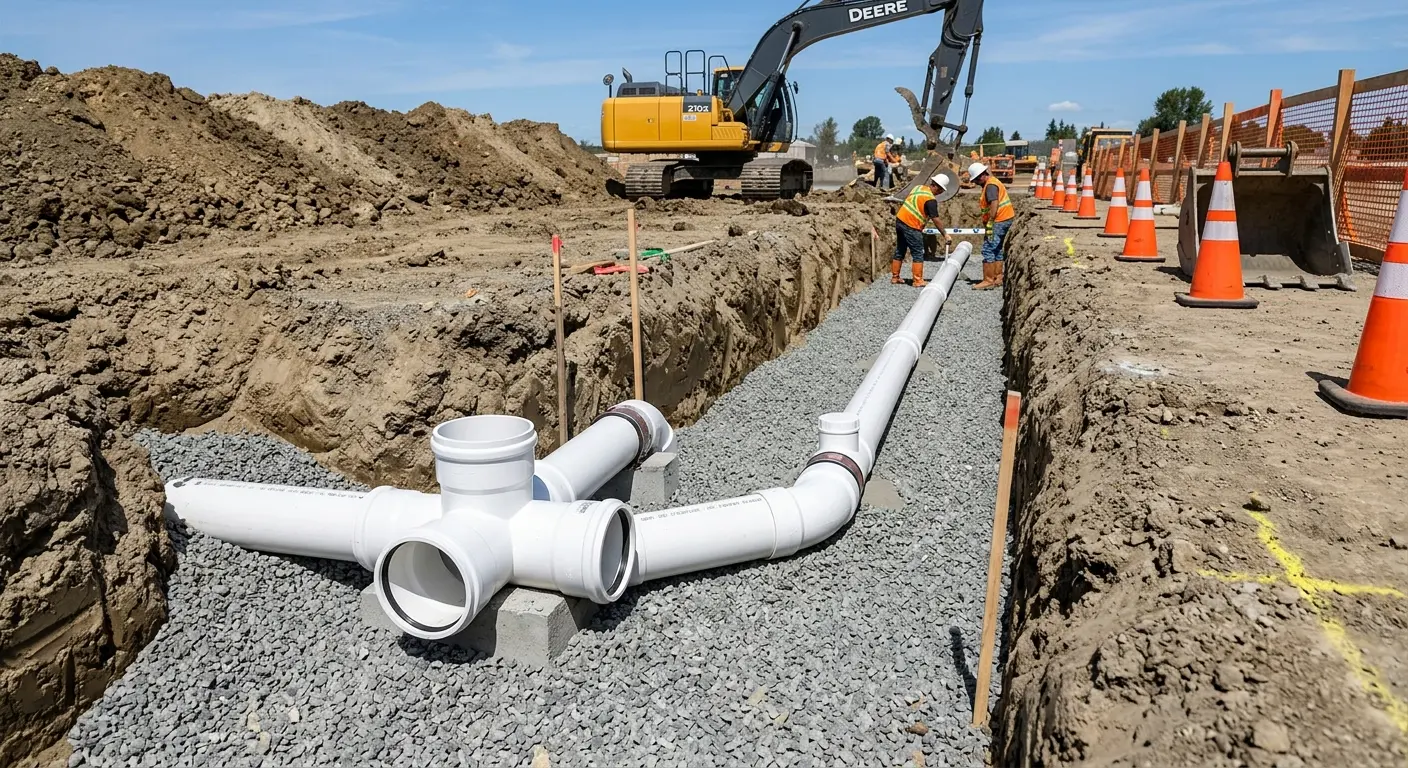 New PVC sewer pipe installation in open trench for Commercial Drain Cleaning in Bountiful