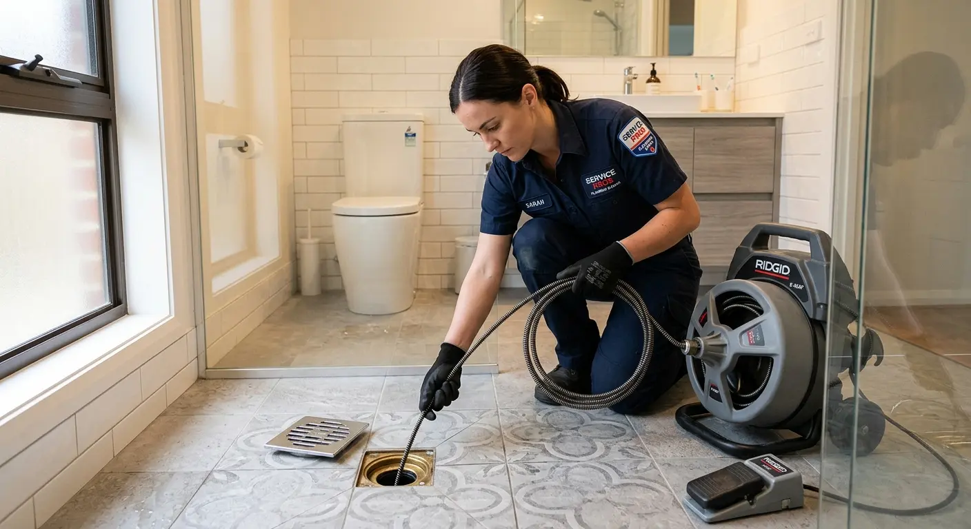 Technician clearing a bathroom floor drain for Clogged Drain Repair in Bountiful